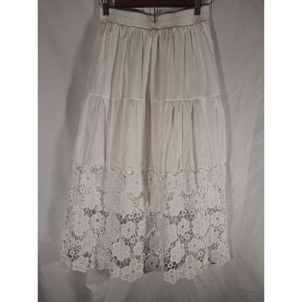 Womens White Tiered Midi Skirt Floral Lace Crochet Hem Boho Peasant Elastic